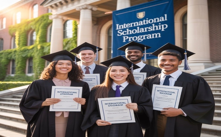 International students in graduation gowns holding certificates in front of a university building with an “International Scholarship Program”