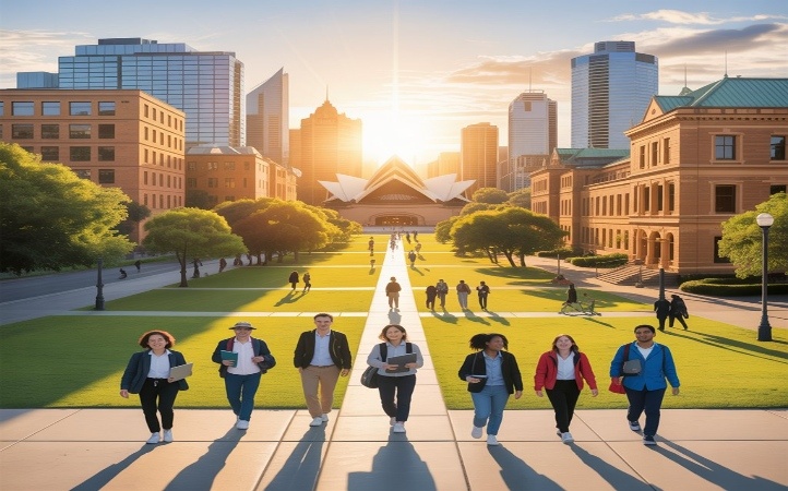 A diverse group of students walking across a sunny university campus lawn toward modern academic buildings and a central auditorium, with a city skyline in the background