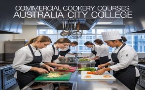 Students preparing vegetables and ingredients in a professional kitchen during Commercial Cookery Courses at Australia City College.