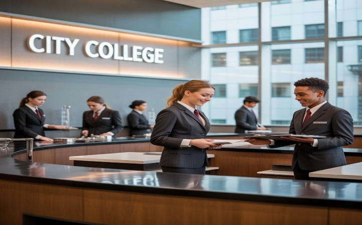 Hospitality management students in professional uniforms training at a modern front desk reception area inside City College, demonstrating customer service and hotel operations in a realistic learning environment