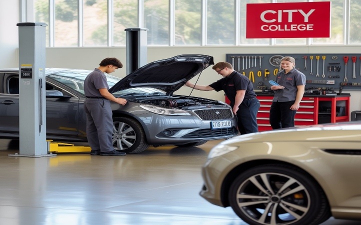 Automotive students inspecting a car engine in a modern workshop at City College, with tools organized on the wall and a vehicle lift nearby.