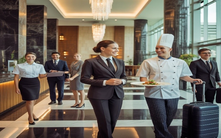 Professional hotel staff walking through a modern luxury lobby, including a chef carrying a plated dish and suitcase, a businesswoman in a suit, and reception team members smiling in the background.