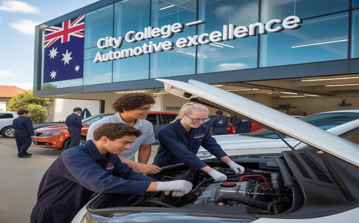 Students in automotive uniforms working on a car engine outside a building labeled “City College – Automotive Excellence,” with an Australian flag displayed on the glass facade