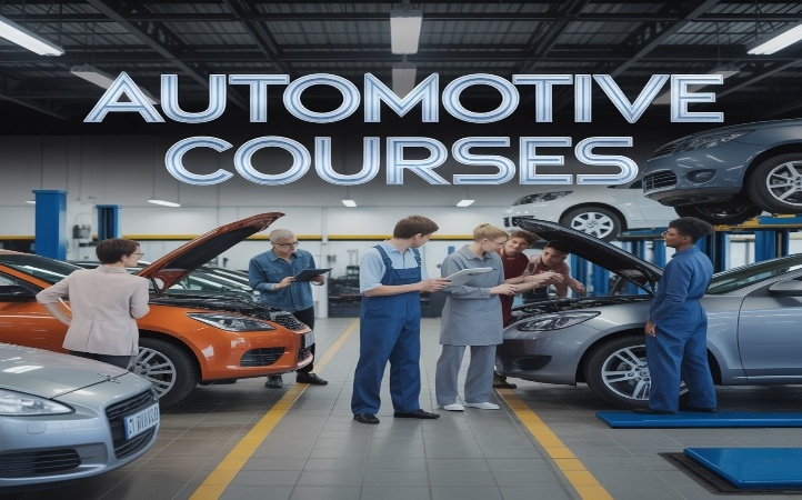 Students learning vehicle repair in an automotive workshop during an automotive courses training program with cars on lifts and instructors guiding them.