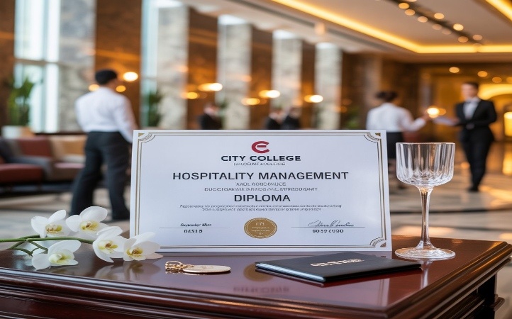 Hospitality management diploma certificate displayed on a polished reception desk in a luxury hotel lobby, with a glass, flowers, passport, and hospitality staff in the background creating a professional educational atmosphere