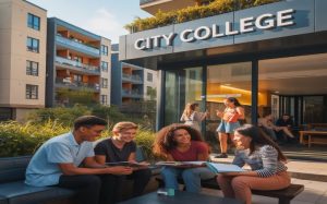 Students sitting outside a modern city college building, discussing study materials near the entrance with books in hand and a welcoming campus environment
