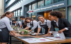 Hospitality management students in formal attire and aprons setting up a decorated table with flowers, glassware, and documents outside a City College Hospitality Management Program building, smiling and collaborating as part of practical training.