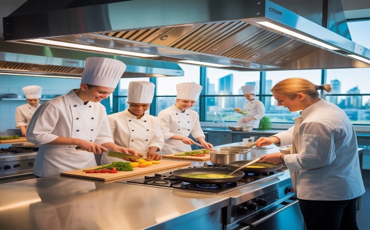 Chef instructor guiding culinary students in a modern commercial kitchen as they chop vegetables and cook food during a professional cookery training class.
