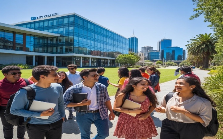 A group of college students walking and talking on a sunny campus pathway, carrying notebooks and backpacks, with a modern glass building labeled “City College” and tall city buildings in the background.