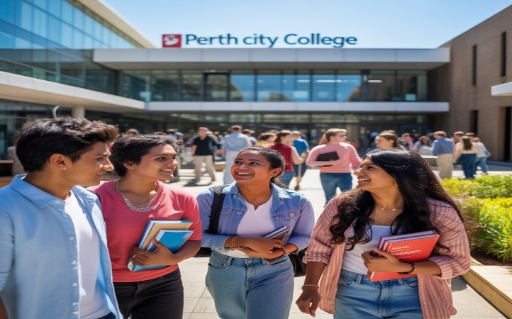 Four college students walking and chatting outside the Perth City College campus, holding books and notebooks, with other students and the college building visible in the background on a bright day.