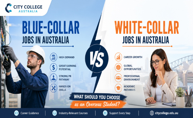 Blue collar vs white collar jobs in Australia comparison banner for international students showing career options, skills, and opportunities at City College Australia.