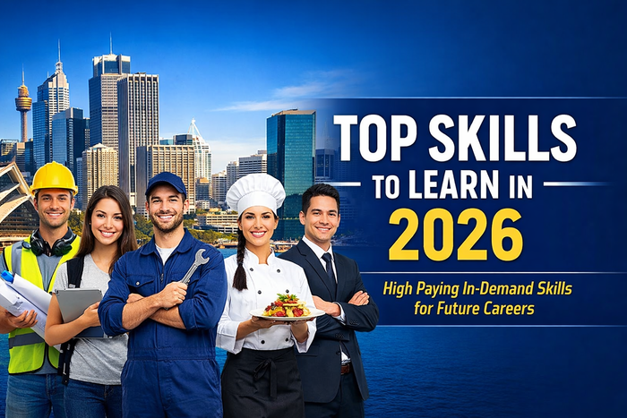 Top skills to learn in 2026 banner showing students and professional career growth in Australia