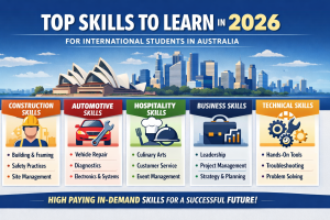 Top skills to learn in 2026 infographic showing construction, automotive, hospitality, business, and technical skills in demand in Australia