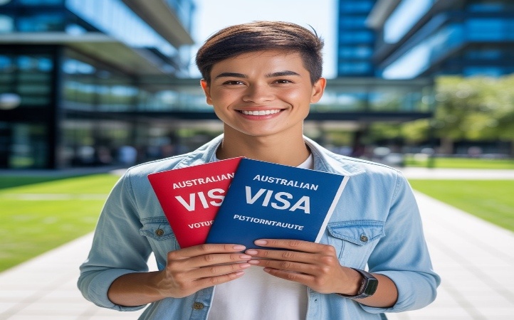 Young person smiling and holding Australian visa documents outdoors in a modern office campus setting