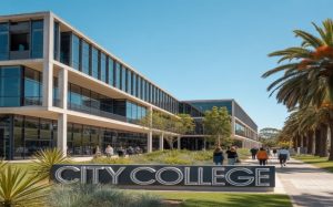 A modern city college campus with a large glass-fronted building, palm trees, and landscaped greenery, with people walking along a pathway past a sign that reads “City College.”