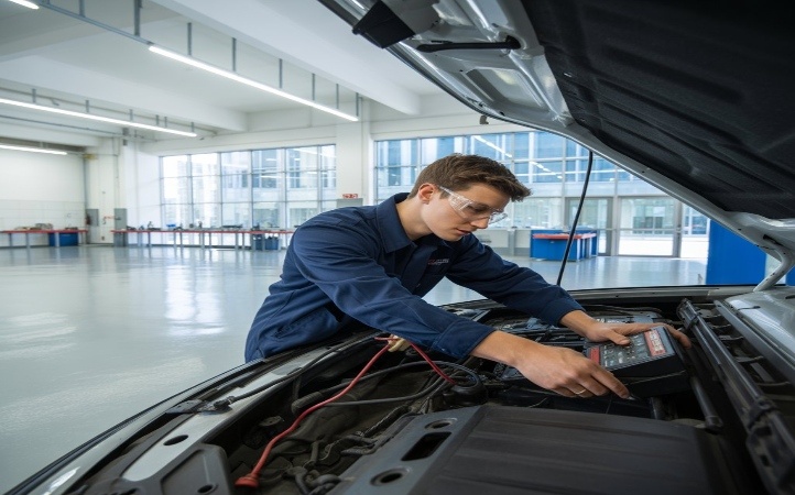 A mechanic wearing safety glasses works under the open hood of a car in a clean, well-lit garage, using a diagnostic device connected to the vehicle’s engine.