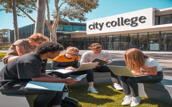 Students studying together outside City College campus with laptops and books
