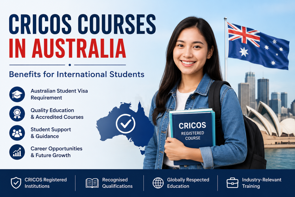 CRICOS courses in Australia promotional banner showing international student holding study materials with benefits of studying at CRICOS registered institutions highlighted for international students.