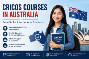 CRICOS courses in Australia promotional banner showing international student holding study materials with benefits of studying at CRICOS registered institutions highlighted for international students.